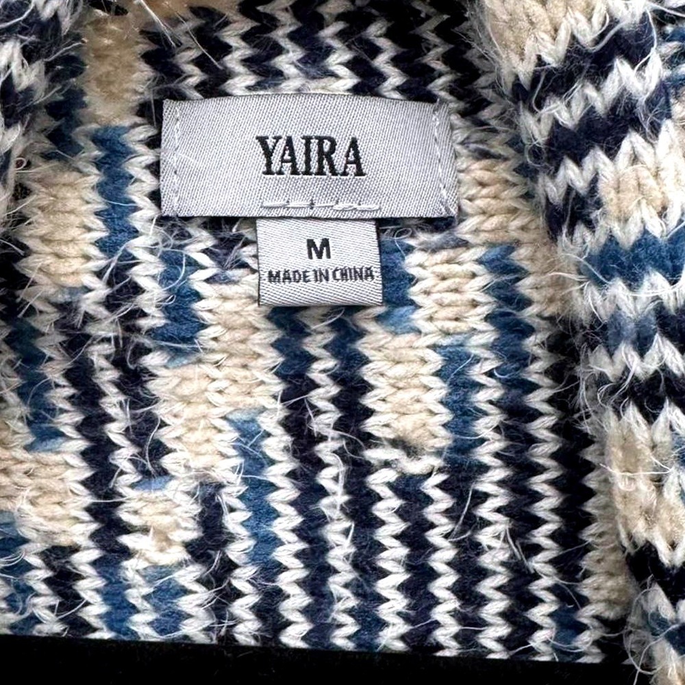 Yaira Open Front Fringe Cardigan Blue Space Dye Medium Boho Coastal Knit Sweater - Picture 3 of 6
